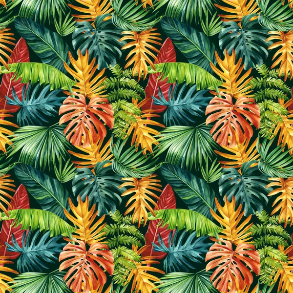 Färgade Palmblad Tropisk Bakgrund Handritad Akvarell Botanisk Målning Sömlöst Mönster — Stockfoto
