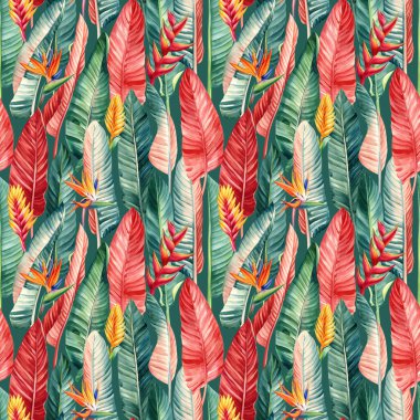 Palmiye yaprakları, çiçekler. Tropikal çiçek grafikleri. Suluboya botanik resim. Kusursuz desen, orman duvar kâğıdı. Yüksek kaliteli illüstrasyon