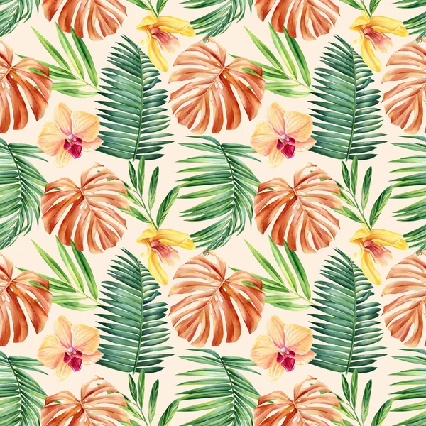热带模式 丛林棕榈叶和花的水彩画 高质量的例证 — 图库照片