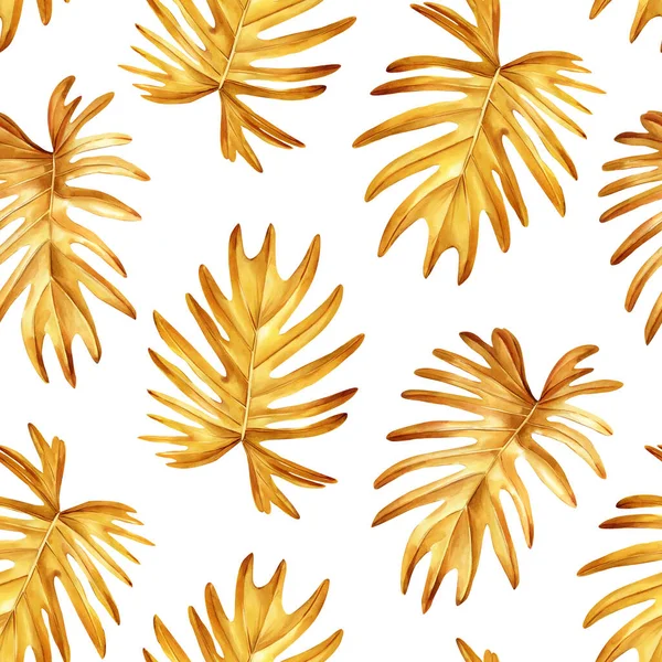Złoty Liść Palmy Tropikalne Tło Ręcznie Rysowany Akwarelowy Obraz Botaniczny — Zdjęcie stockowe