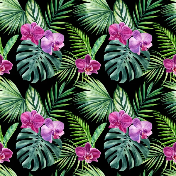 Dschungelpalmenblätter Und Orchideenblumen Aquarellmalerei Exotische Florale Nahtlose Muster Hochwertige Illustration — Stockfoto