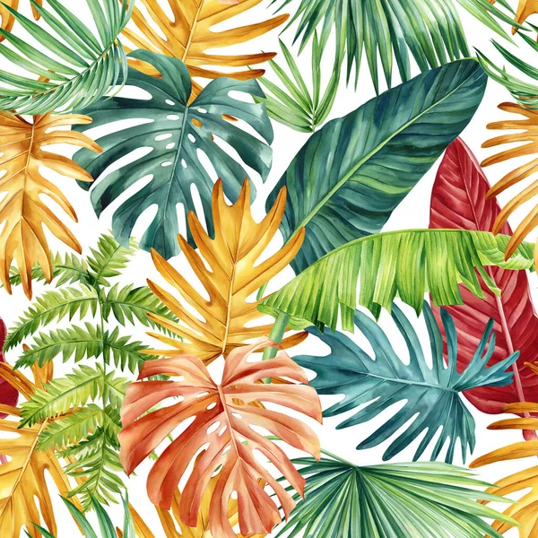 彩色棕榈叶 热带背景 手绘水彩画 无缝图案 丛林壁纸 高质量的例证 — 图库照片