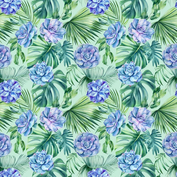 Succulents and palm leaf. Tropical seamless pattern. Jungle palm leaves and flowers watercolor painting. High quality illustration