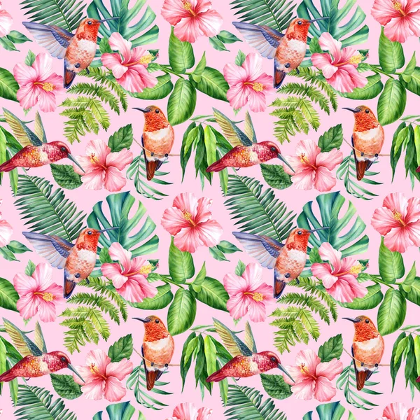 Schöne Kolibris Rosa Hibiskusblüten Palmblatt Aquarell Botanische Malerei Nahtloses Muster — Stockfoto
