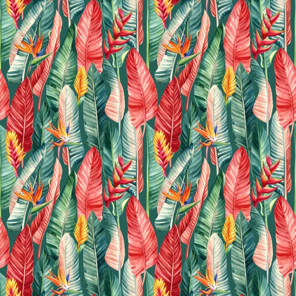 ヤシの葉 熱帯の花のグラフィック 水彩植物画 シームレスなパターン ジャングルの壁紙 高品質のイラスト — ストック写真