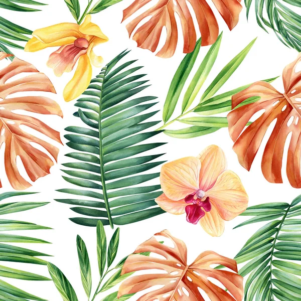 Modèle Tropical Jungle Feuilles Palmier Fleurs Aquarelle Peinture Illustration Haute — Photo