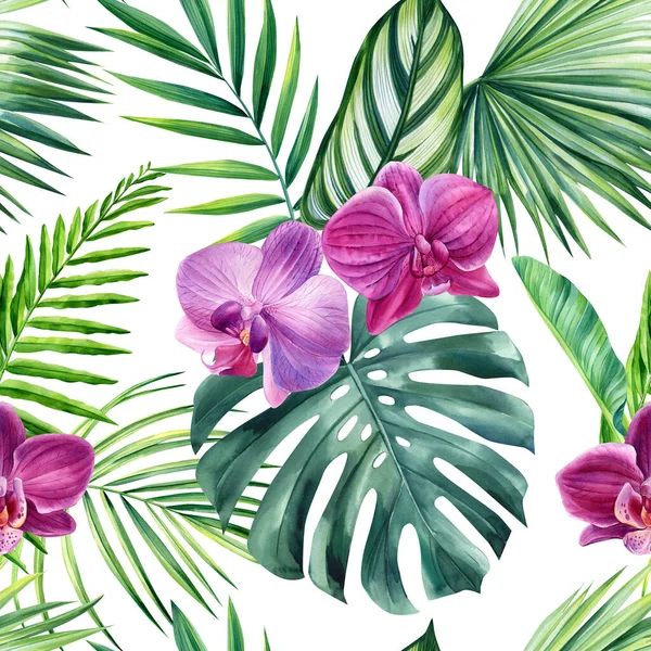 Tropical Pattern Jungle Palm Leaves Flowers Watercolor Painting High Quality — Stock Photo, Image