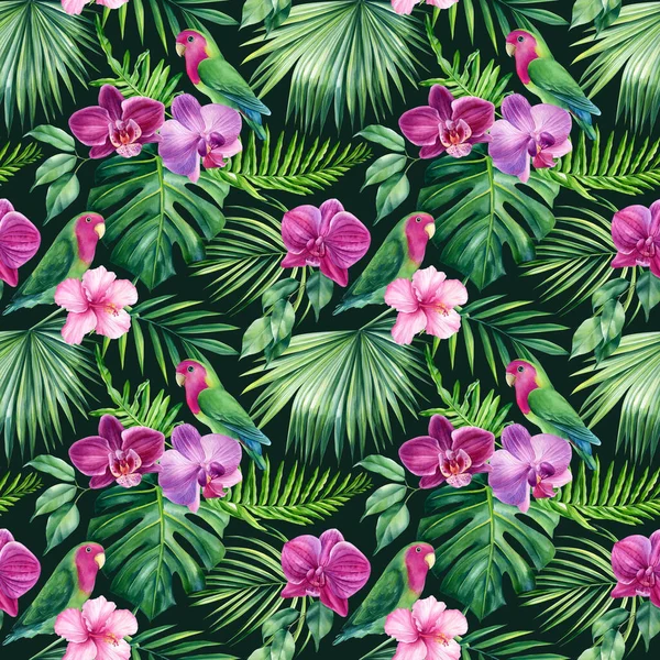 Tropical pattern. Jungle palm leaves and flowers watercolor painting. High quality illustration