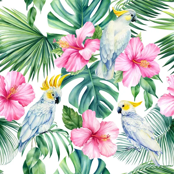 Weiße Kakadu Papageien Rosa Hibiskusblüten Palmblatt Floraler Hintergrund Aquarellmalerei Nahtloses — Stockfoto