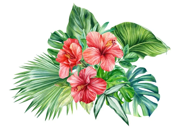 Akwarela Dżungla Roślin Zielonych Liście Tropikalne Hibiskus Kwiatów Izolowane Białym — Zdjęcie stockowe