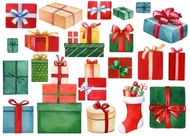 El yapımı suluboya seti. Beyaz arka planda izole edilmiş hediyeler. Suluboya Noel ikonları. Yeni yıl illüstrasyonu. Yüksek kaliteli illüstrasyon
