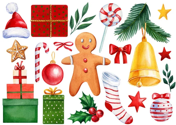 采购产品礼物 圣诞球 棒棒糖 姜饼人 袜子隔离 新年插图水彩画手绘白色背景 高质量的例证 — 图库照片