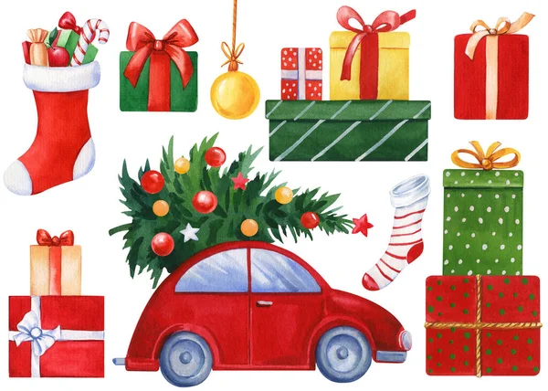 Ręcznie Rysowany Zestaw Akwareli Czerwony Samochód Choinką Prezenty Kulki Świąteczne — Zdjęcie stockowe