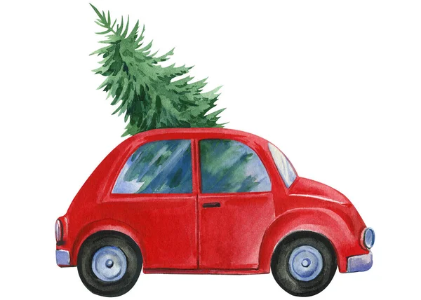 手绘水彩画圣诞卡 红色复古车与冷杉树 礼物插图 高质量的例证 — 图库照片
