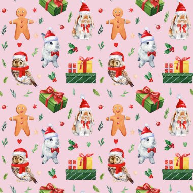 Noel arkaplanı. Kusursuz desen. El çizimi suluboya çizimi. Yüksek kaliteli illüstrasyon