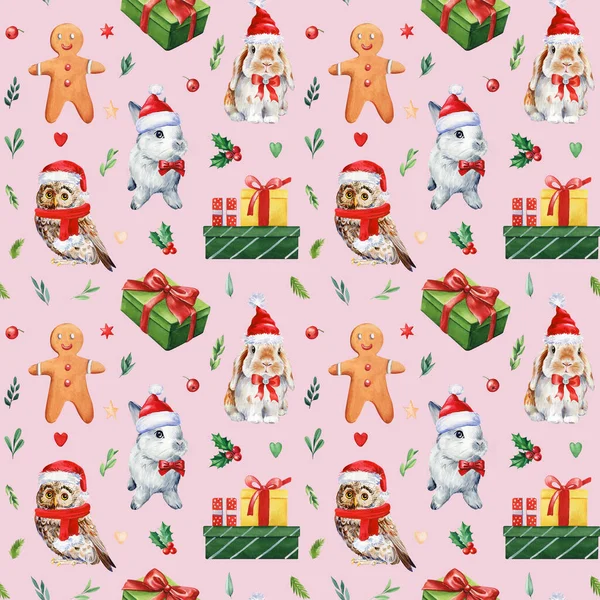 Weihnachtlicher Hintergrund Nahtloses Muster Handgezeichnete Aquarellzeichnung Hochwertige Illustration — Stockfoto