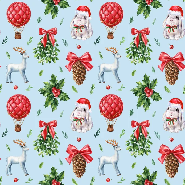 Kanin Ballong Mistel Och Rådjur Julens Sömlösa Mönster Handritad Akvarell — Stockfoto
