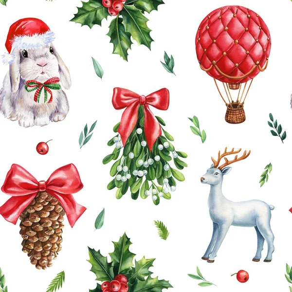 Królik Balon Jemioła Jeleń Świąteczny Wzorzec Ręcznie Rysowane Ilustracja Akwarela — Zdjęcie stockowe