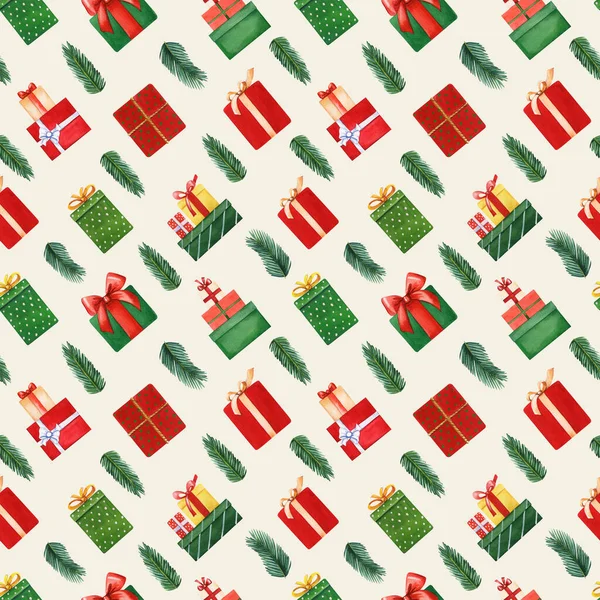 Christmas Gifts Seamless Pattern Hand Drawn Watercolor Illustration High Quality — Stock Photo, Image