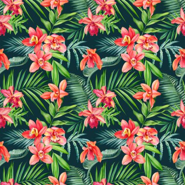 Kusursuz desen. Orkide çiçeği. orman yaprakları. Suluboya botanik çizimi. Yaz tasarımı. Yüksek kaliteli illüstrasyon