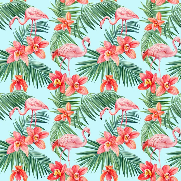 Seamless Pattern Orchids Flower Palm Tropical Exotic Leaves Natural Branch — Stock Photo, Image
