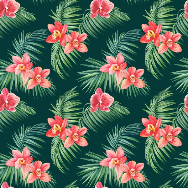 Seamless Pattern Orchids Flower Palm Tropical Exotic Leaves Natural Branch — Stock Photo, Image