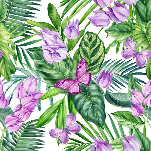 Безшовні Візерунки Квітка Орхідей Палм Тропічні Екзотичні Листя Рослини Природної — стокове фото
