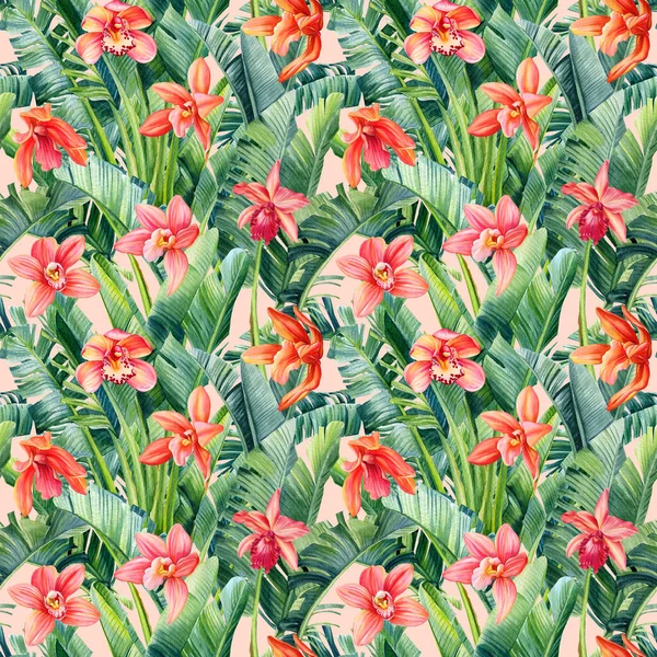 Sömlöst Mönster Orkidéer Blomma Djungelblad Akvarell Botanisk Teckning Sommardesign Högkvalitativ — Stockfoto