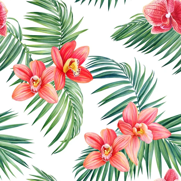 热带无缝线图案 兰花花 棕榈叶奇异的植物丛林植物图解 高质量的例证 — 图库照片