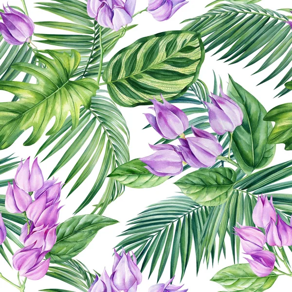 Exotische Nahtlose Muster Palmtropische Blätter Grüner Zweig Dschungelpflanzen Botanische Zeichnung — Stockfoto