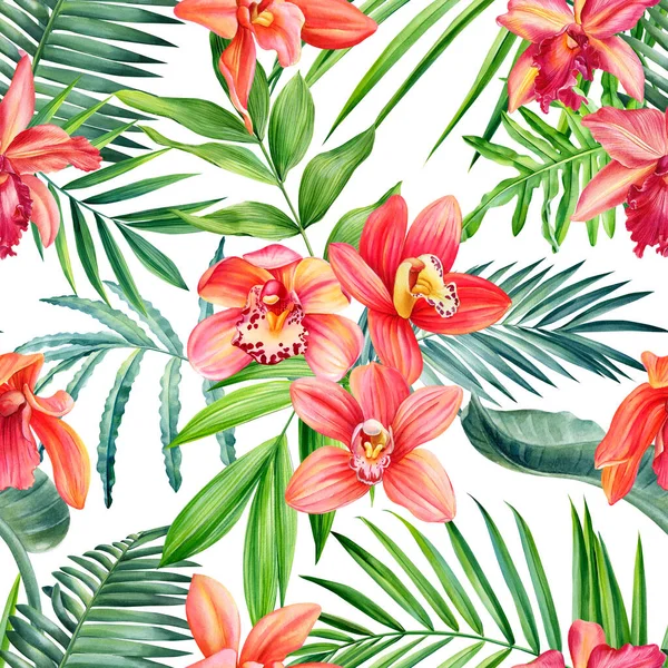 Тропічний Безшовний Візерунок Орхідеї Квіти Пальмове Листя Екзотичні Рослини Джунглі — стокове фото