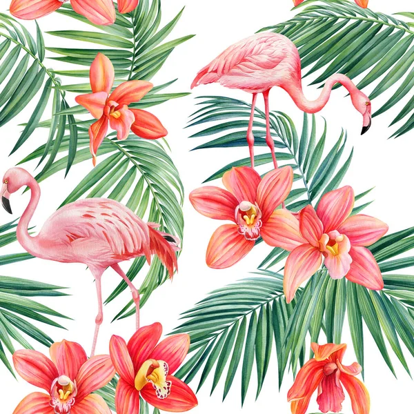 无缝图案 兰花花 棕榈热带奇异的叶子 天然的分枝植物 丛林设计 植物学绘图 高质量的例证 — 图库照片