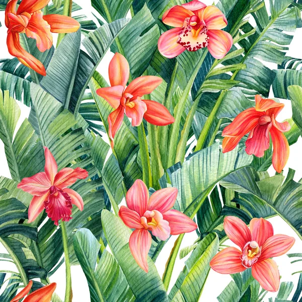 Nahtloses Muster Orchideen Blühen Palmtropische Exotische Blätter Natürliche Zweigpflanzen Dschungel — Stockfoto