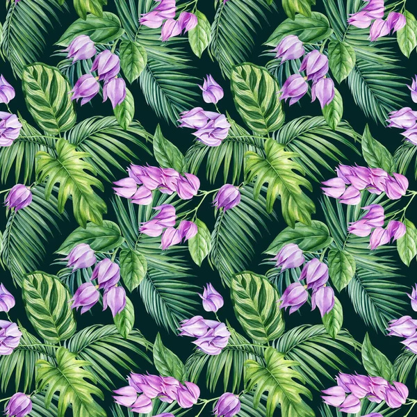 Egzotikus Zökkenőmentes Minta Pálmafalevelek Zöld Dzsungelnövények Botanikus Rajz Akvarell Kiváló — Stock Fotó