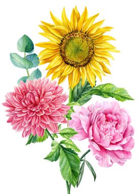 Beyaz arka planda parlak bitkiler ve çiçekler, suluboya el çizimleri, palmiye yaprakları, gül, şakayık, lavanta, ayçiçeği, orkide, okaliptüs, yıldız çiçeği ve karadelik. Yüksek kaliteli illüstrasyon