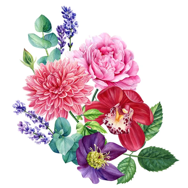 Fényes Növények Virágok Halmaza Fehér Alapon Akvarell Kézrajz Pálmalevelek Rózsa — Stock Fotó