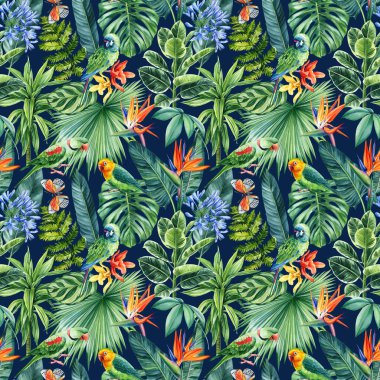 Yeşil papağan. Palmiye yapraklı tropikal desenler. Orman botanik suluboya çizimleri. Yüksek kaliteli illüstrasyon