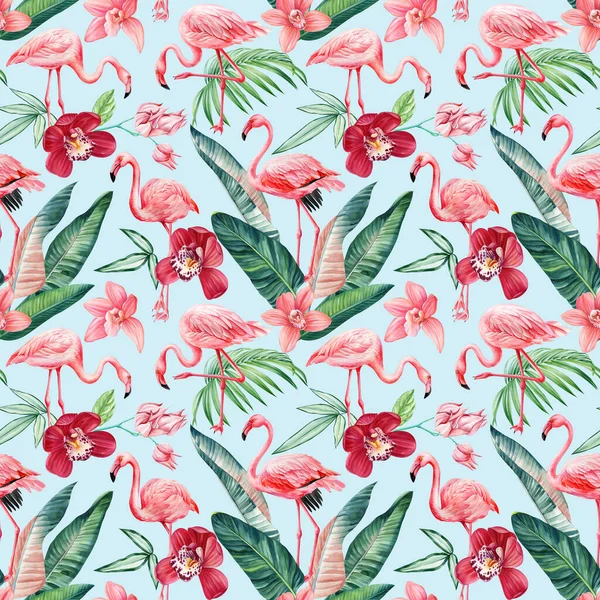 Flamingos Floral Moda Tropical Sem Costura Padrão Com Folhas Palmeira — Fotografia de Stock