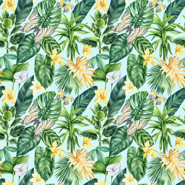 Floral trendy tropical seamless pattern with palm leaves, botanical watercolor style. Vanilla Flower, leaf and butterfly. High quality illustration