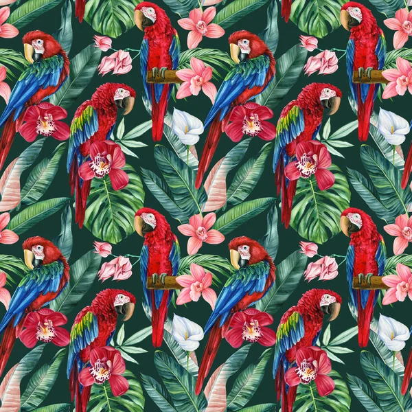 Květinové Trendy Tropické Bezešvé Vzor Palmovými Listy Akvarel Stylu Květina — Stock fotografie