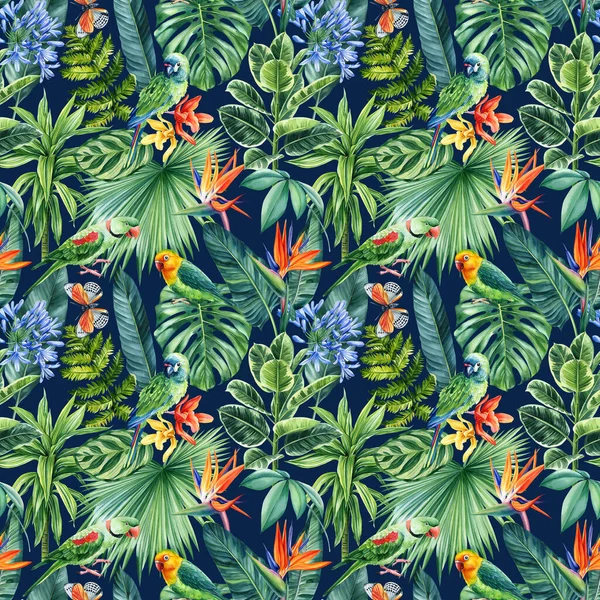 Green parrot. Floral tropical seamless pattern with palm leaves. Jungle botanical watercolor illustrations. High quality illustration