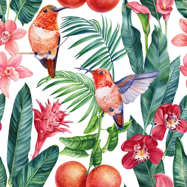 Цветочный Модный Тропический Бесшовный Узор Пальмовыми Листьями Акварельном Стиле Цветок — стоковое фото