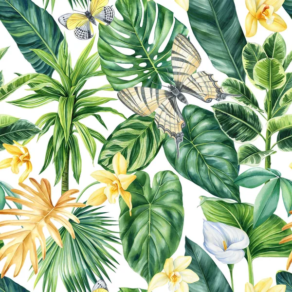 花序的热带无缝图案与棕榈叶 植物水彩画风格 香草花 叶子和蝴蝶 高质量的例证 — 图库照片