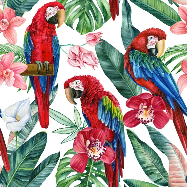 Floral Trendy Tropisches Nahtloses Muster Mit Palmblättern Aquarell Stil Blume — Stockfoto