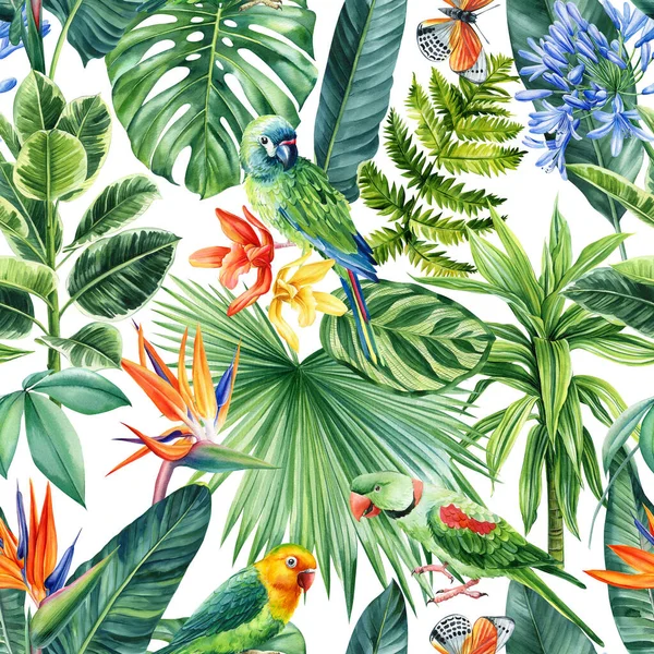 Green parrot. Floral tropical seamless pattern with palm leaves. Jungle botanical watercolor illustrations. High quality illustration
