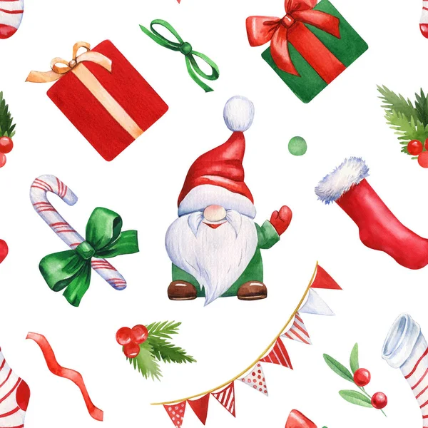 休日のパターン 水彩クリスマスのノーム 贈り物 ロリポップ 新年のシームレスなパターン 高品質のイラスト — ストック写真