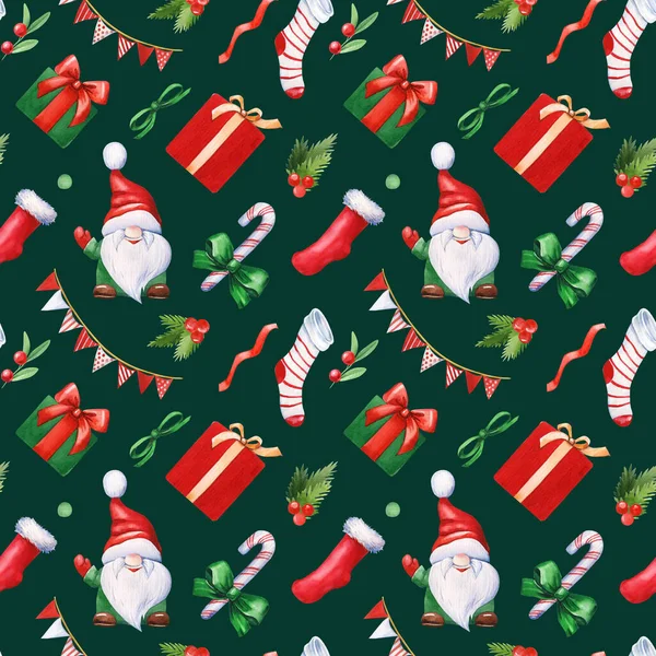 Holliday Pattern Aquarell Weihnachtszwerg Geschenk Lutscher Nahtloses Neujahrsmuster Hochwertige Illustration — Stockfoto