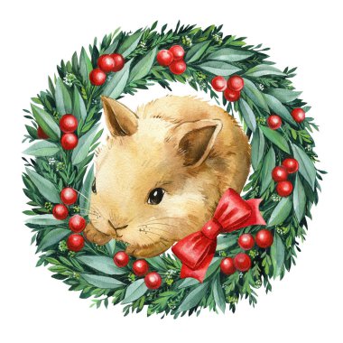 Beyaz arka planda Noel çelengi, suluboya resim, el çizimi. Yüksek kaliteli illüstrasyon