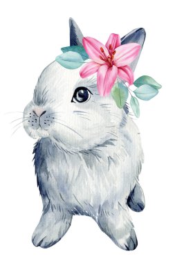 Sevimli küçük hayvan. Beyaz izole edilmiş arka planda zambaklı tavşan, suluboya çizimi. - Evet. Yüksek kaliteli illüstrasyon