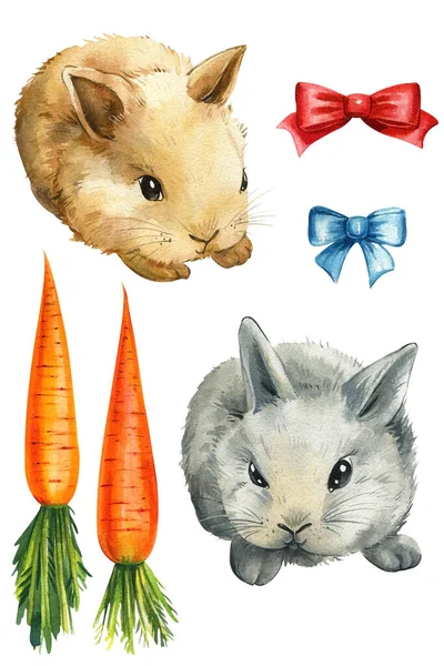Little Bunnies Isolated White Background Watercolor Illustration Cute Animal Easter — Stock Photo, Image